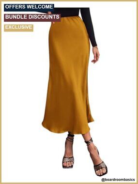 Satin Long A-Line Midi Skirt High Waisted Ruffle Hem Elastic Waist